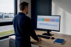 Chef d'entreprise de PME analysant son suivi marketing
