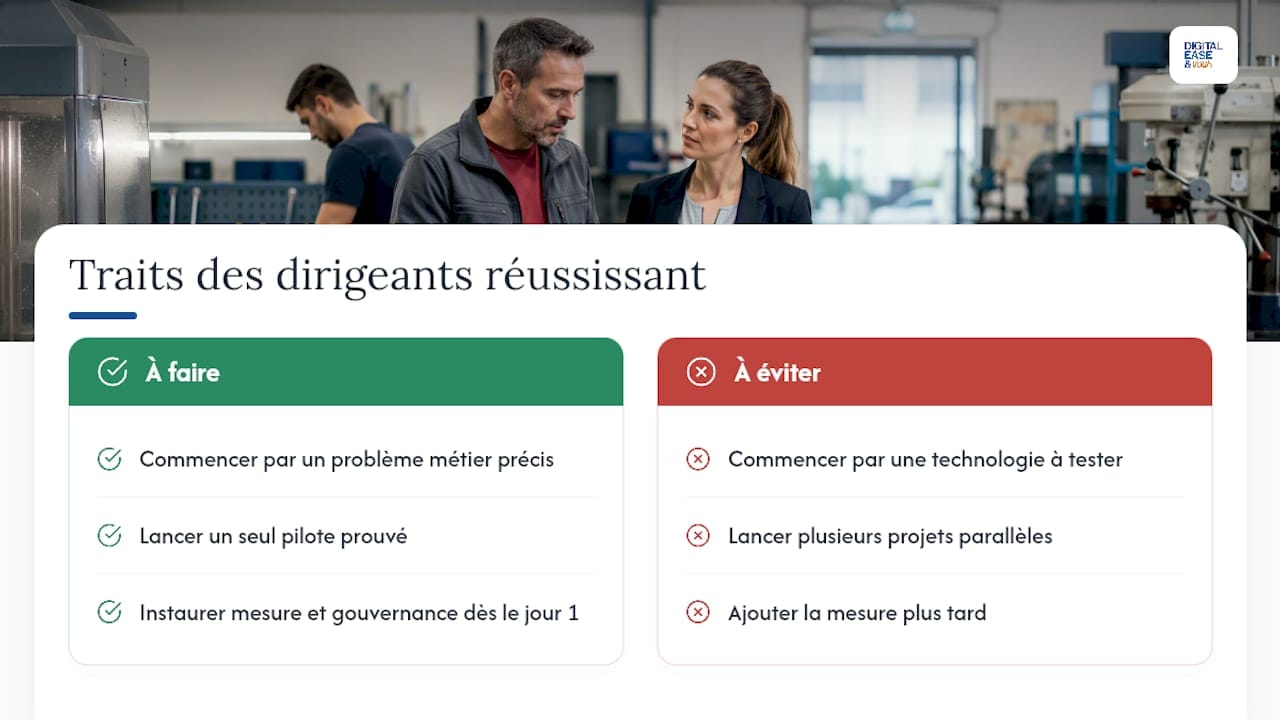 Ce que j'observe chez les dirigeants qui réussissent leur roadmap IA — overview diagram