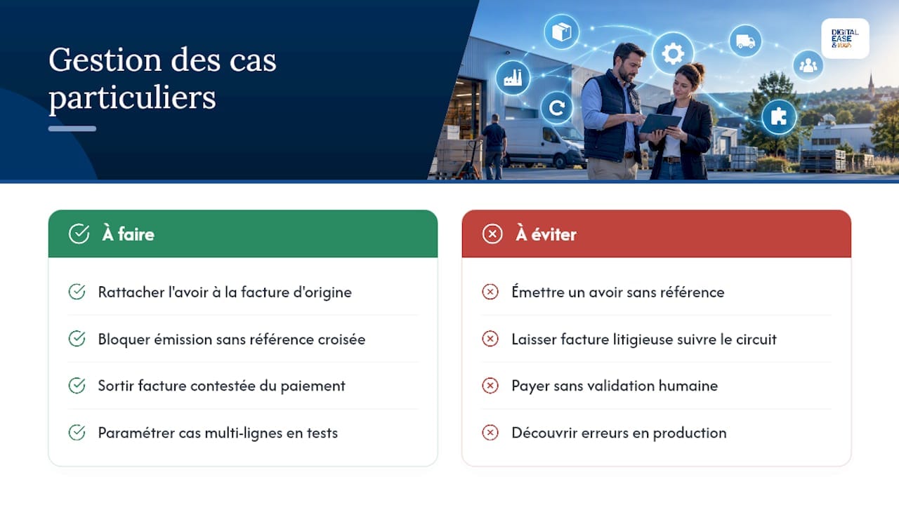 Que faire des avoirs, litiges et factures complexes ? — overview diagram
