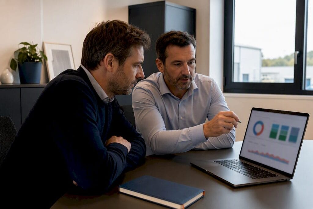 Chefs d'entreprise de PME analysant des indicateurs de gestion