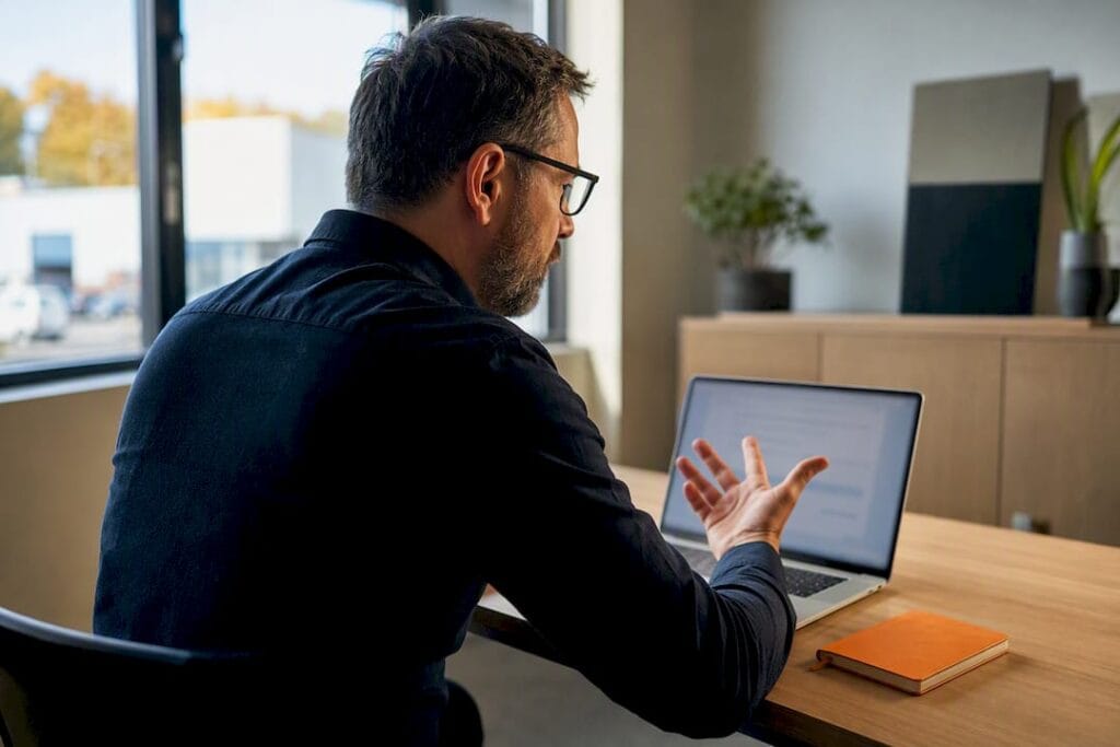 Chef d'entreprise de PME testant une application avec assistance IA